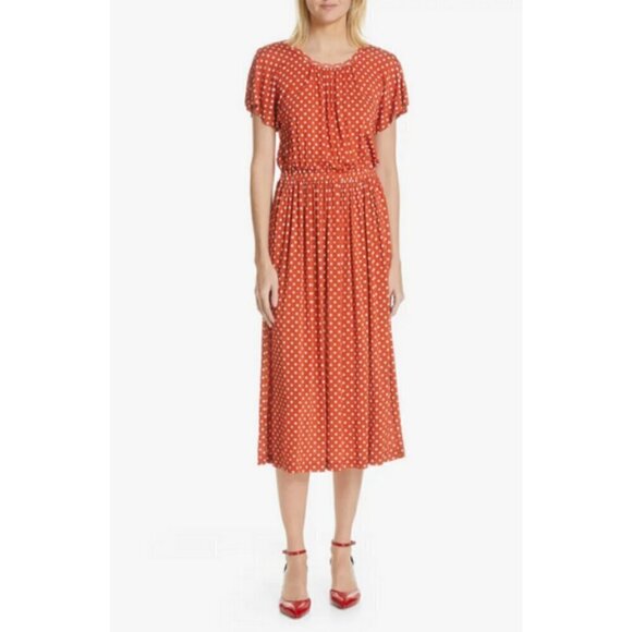 💕STINE GOYA💕 Caitlin Midi Dress ~ Rust Orange Polka Dot Print Medium - Picture 6 of 16